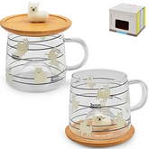 2 Adet Bambu Kapaklı Borosilkat Cam Mug Kupa