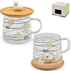 2 Adet Bambu Kapaklı Borosilkat Cam Mug Kupa