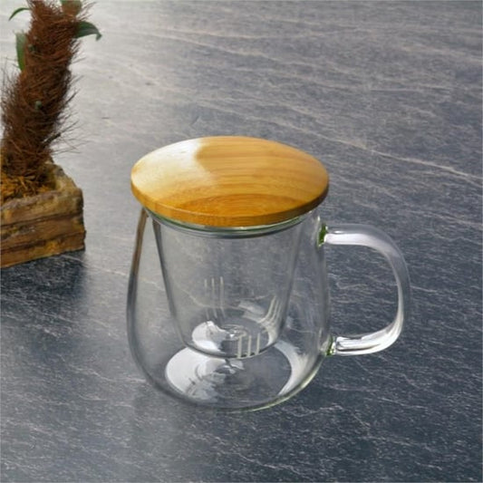 Bambu Kapaklı Cam Süzgeçli Kupa 450 ML