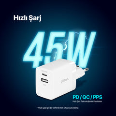 Ttec SmartCharger Duo Pro 45W Seyahat Hızlı Şarj Aleti USB-C+USB-A