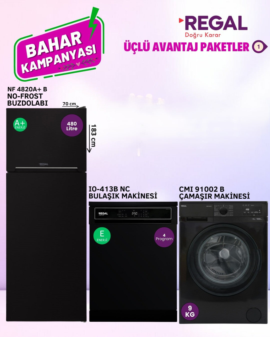Regal Buzdolabı Çamaşır Bulaşık Makinesi Üçlü Avantaj Paketi 1 Siyah