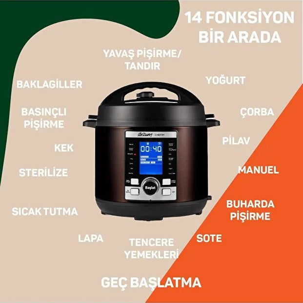 Arzum Chefim 6 Lt 1000 W Çok Amaçlı Basınçlı Pişirici Siyah