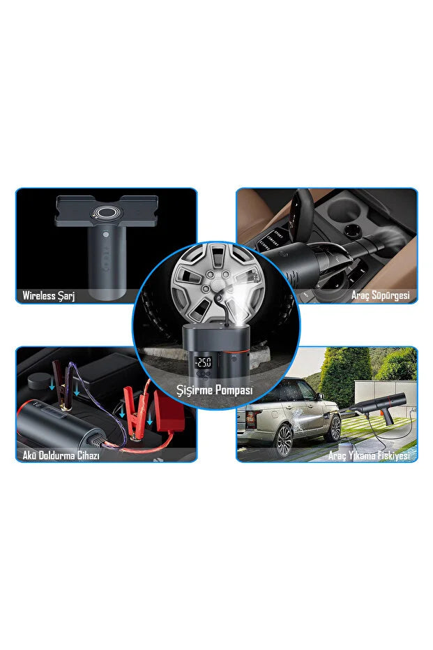 4'ü 1 Arada Powerbank Lastik Şişirme Vakumlu Temizleyici Araba Yıkama Makinesi
