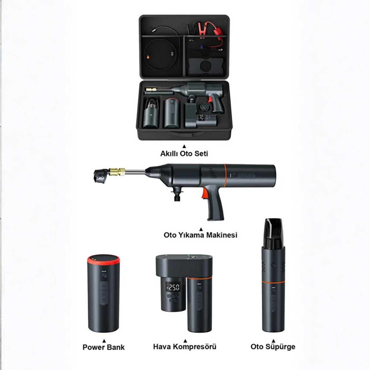 4'ü 1 Arada Powerbank Lastik Şişirme Vakumlu Temizleyici Araba Yıkama Makinesi