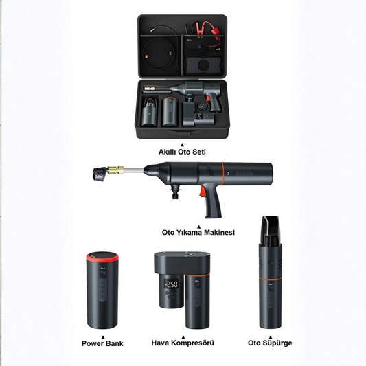 4'ü 1 Arada Powerbank Lastik Şişirme Vakumlu Temizleyici Araba Yıkama Makinesi