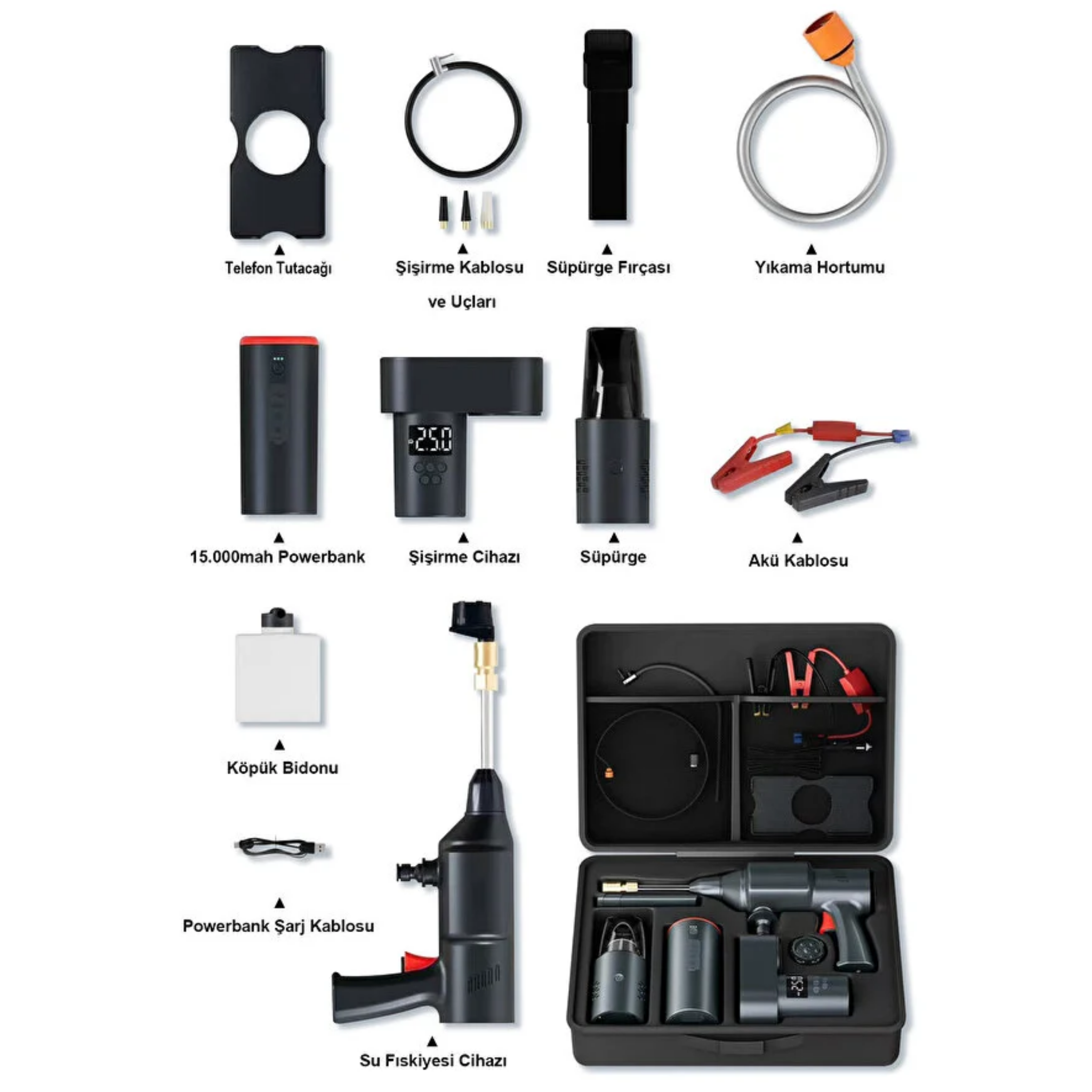 4'ü 1 Arada Powerbank Lastik Şişirme Vakumlu Temizleyici Araba Yıkama Makinesi