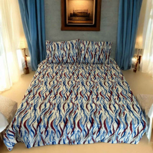 Mavi Bordo Dalgalı Çift Kişilik Lastikli Nevresim Takımı