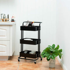 3 Katlı 45x37x85 Cm Tekerlekli Organizer Raf Siyah