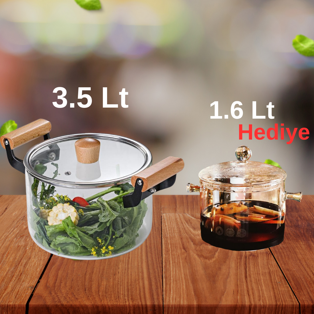 1.6 L. Borasilkat Cam Tencere HEDİYELİ 3.5 L. Borasilkat Pyrex Cam Tencere Isıya Dayanıklı