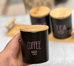 Üçlü Ahşap Kapak Çay Kahve ve Şeker Kavanoz Seti Siyah
