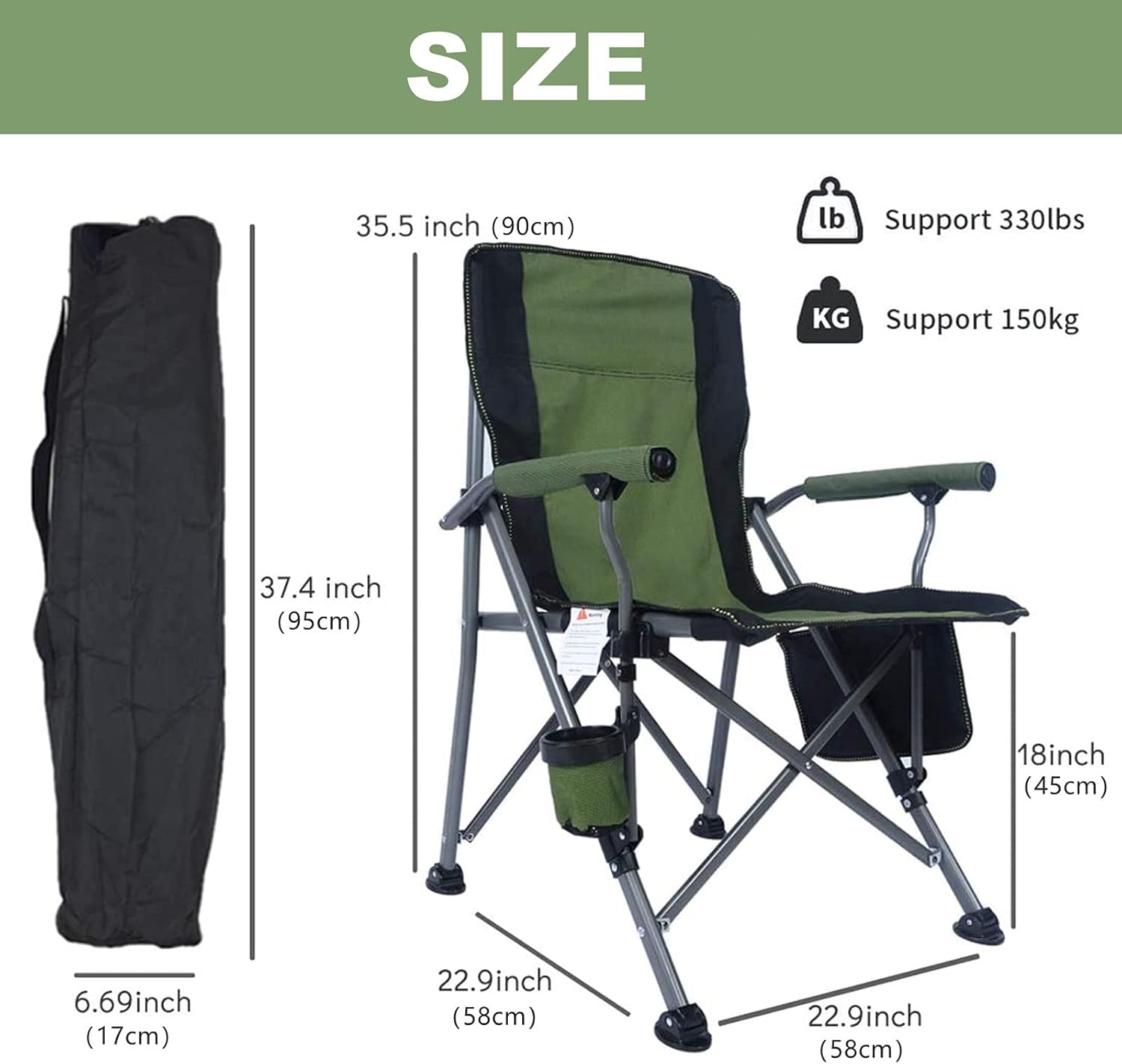 Katlanır Taşıma Çantalı 600D Kumaş Kamp Sandalyesi Yeşil Siyah