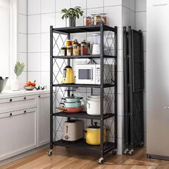 Tekerlekli Katlanabilir 5 Katlı Siyah Metal Raf 155x70x30 Cm
