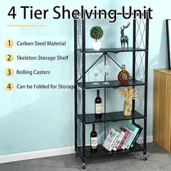 Tekerlekli Katlanabilir 5 Katlı Siyah Metal Raf 155x70x30 Cm