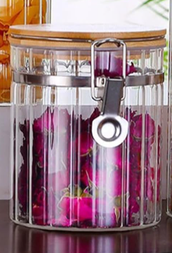 Vertical-Striped Bamboo-Lid Glass Storage Jar with Clip, 700 ml.