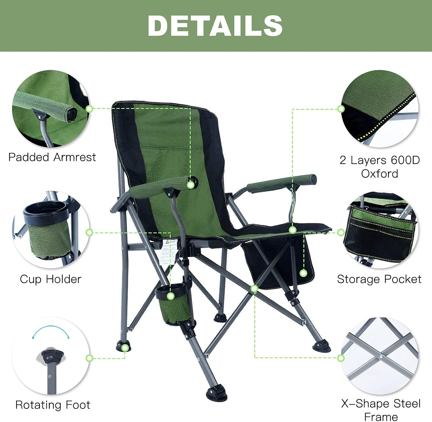 Katlanır Taşıma Çantalı 600D Kumaş Kamp Sandalyesi Yeşil Siyah