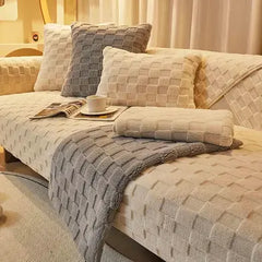 Bej İskandinav Kapitone Kaymaz Kalın Kanepe Örtüsü Kılıfı