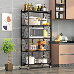 Tekerlekli Katlanabilir 5 Katlı Siyah Metal Raf 155x70x30 Cm