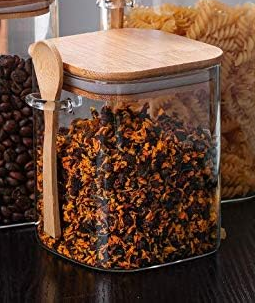 Borosilicate Glass Storage Jar with Bamboo Lid, Spoon Holder Ring, and Square Design 750ml