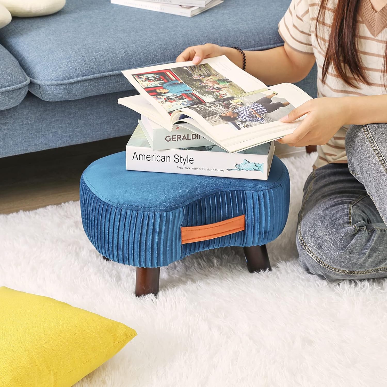 Saplı Ahşap Ayaklı 40x22 Cm Kavisli Taşınabilir Puf Lacivert