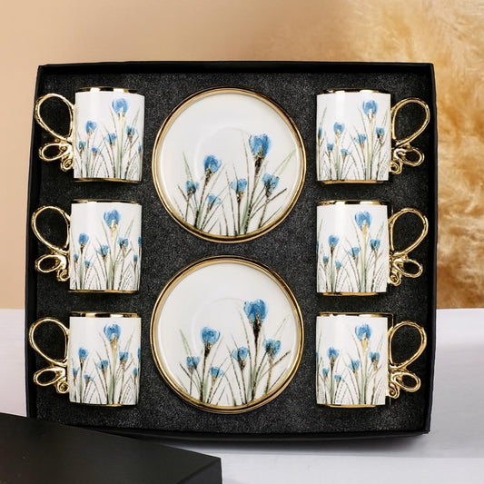 Turkuaz Lale Desenli 6 Kişilik Kahve Fincan Takımı