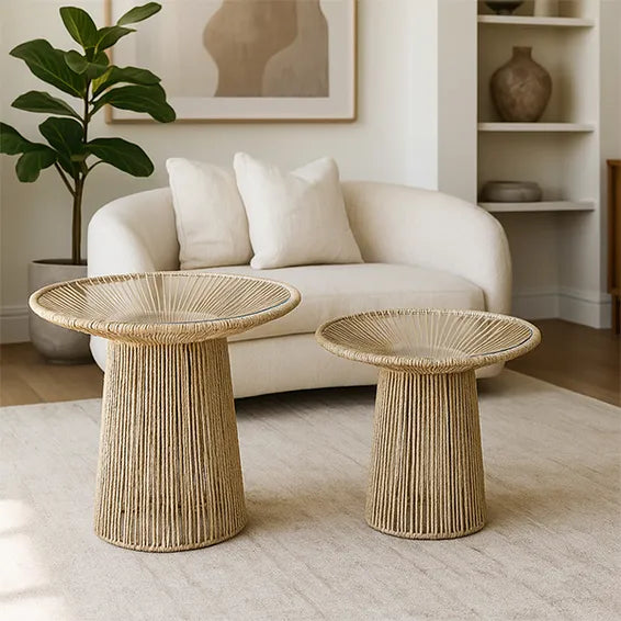 2 Li İp Örgü Üstü Camlı Sehpa 55x55x46 Cm