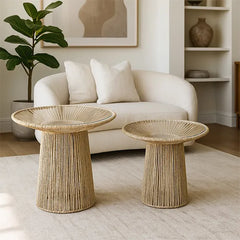 2 Li İp Örgü Üstü Camlı Sehpa 55x55x46 Cm