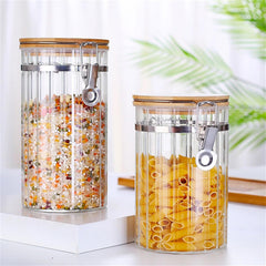 Dikey Çizgili Bambu Kapak Klipsli Cam Saklama Kavanozu 900 ml