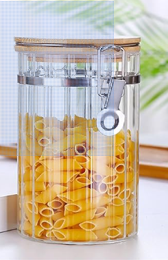 Vertical-Striped Bamboo-Lid Glass Storage Jar with Clip, 900 ml