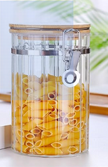 Dikey Çizgili Bambu Kapak Klipsli Cam Saklama Kavanozu 900 ml