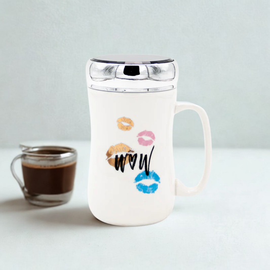 Dudak Desenli Ayna Kapaklı Seramik Mug Kupa