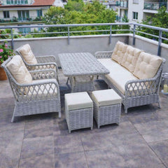 Rattan Balkon Bahçe Teras Oturma Grubu Camlı Masa 3+1+1 ve 2 Bej