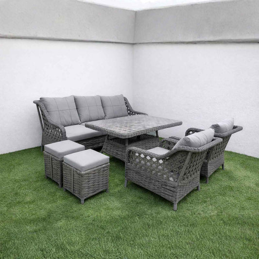 Rattan Balkon Bahçe Teras Oturma Grubu Camlı Masa 3+1+1 ve 2 Açık Gri