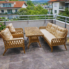 Rattan Balkon Bahçe Teras Oturma Grubu Camlı Masa 3+1+1 Kahve