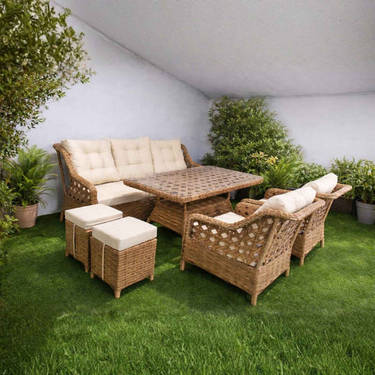 Rattan Balkon Bahçe Teras Oturma Grubu Camlı Masa 3+1+1 ve 2 Puf Açık Kahve