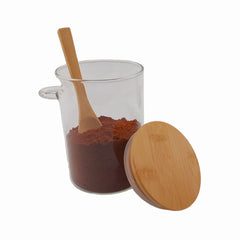 Ahşap Kapaklı Vakumlu Kaşıklı Cam Kavanoz 450ml 8.5x12 cm