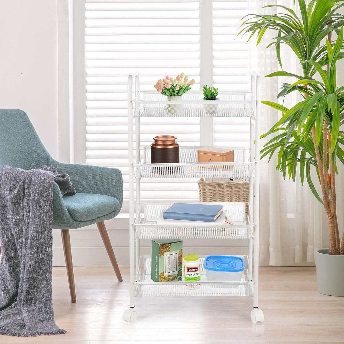 Dört Katlı 25x48x84 Cm Tekerlekli Organizer Beyaz