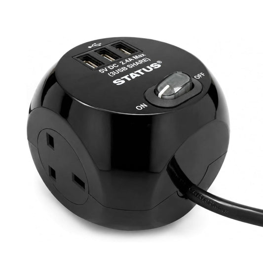 3 Soketli 1.4 Metre Kablolu 3 USB-A Girişli Anahtarlı Siyah Küp Dekoratif Seyyar Priz
