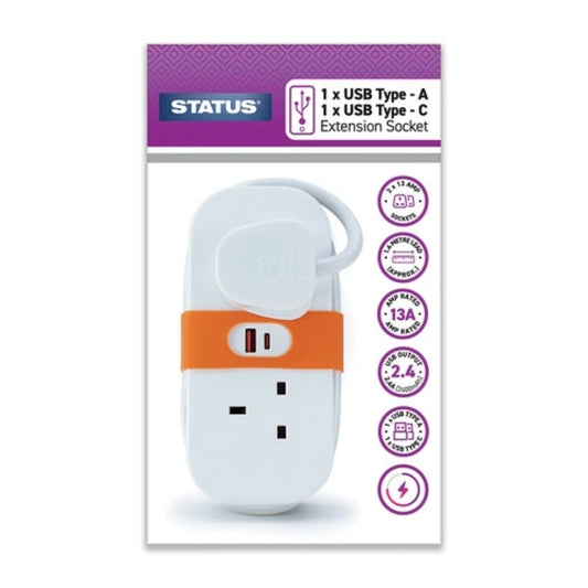 2 Soketli 1.4 Metre Kablolu 1 USB-A ve 1 USB-C Girişli Beyaz Seyahat Seyyar Priz Uzatma Kablosu