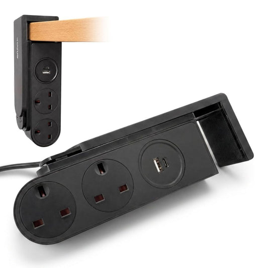 2 Soketli 1.5 Metre Kablolu 1 USB-A ve 1 USB-C Girişli Kıskaçlı Siyah Dekoratif Seyyar Priz Uzatma Kablosu