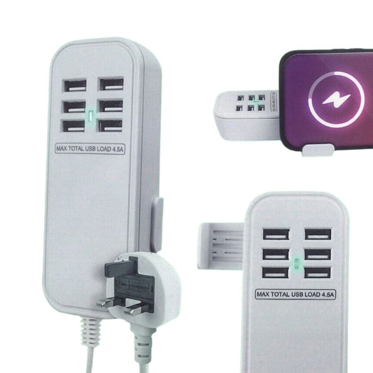 6 USB-A Girişli 1 Metre Kablolu Telefon Tutacaklı Beyaz Seyyar USB Çoğaltıcı