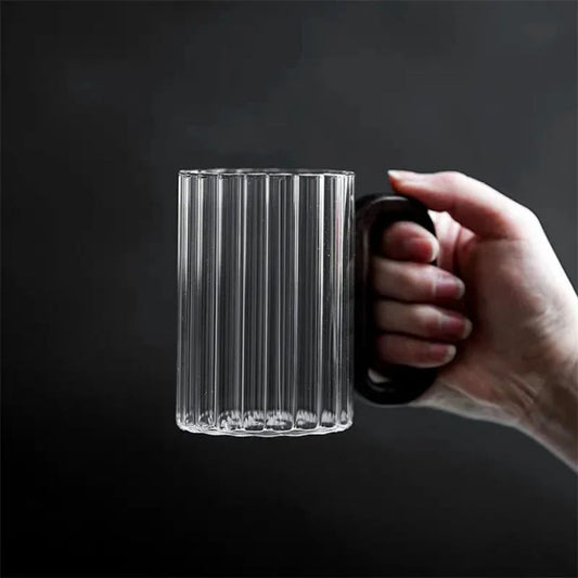 Wooden-Handled Vertical-Striped Borosilicate Minimalist Glass Mug