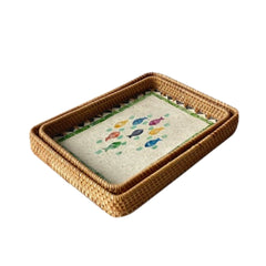 Renkli Balık Desenli İkili Rattan Tepsi