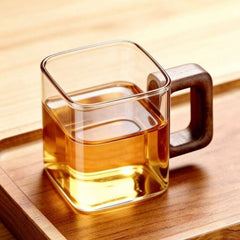 Wooden-Handled Square-Designed Borosilicate Glass Coffee Cup