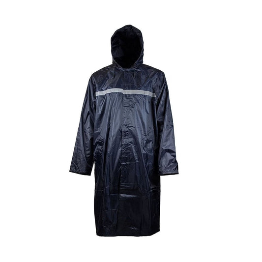 Belted Hooded Below-Knee Long Raincoat Navy Blue