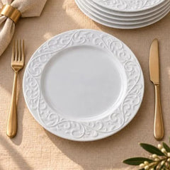 Kabartmalı Kenar Desenli  Porselen Yemek Servis Tabağı 27 cm Beyaz
