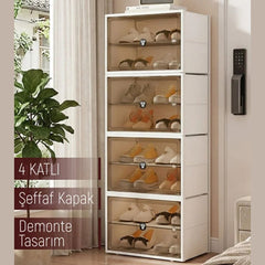4 Şeffaf Kapaklı 8 Bölmeli Ayakkabılık Beyaz
