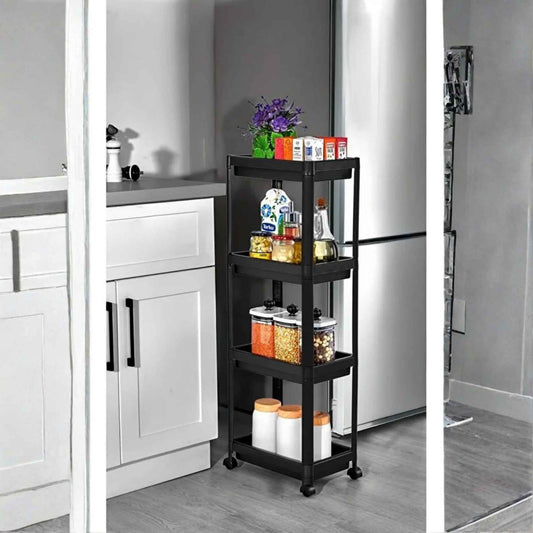 4 Gözlü Mutfak Banyo Rafı Tekerlekli Siyah