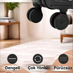3'lü Sert Yüzeyli 360° Tekerlekli Şifreli Siyah Bavul Valiz Seti