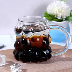 Boncuk Kabartmalı Borosilikat Kulplu Cam Kupa Bardak Şeffaf