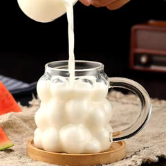 Boncuk Kabartmalı Borosilikat Kulplu Cam Kupa Bardak Şeffaf